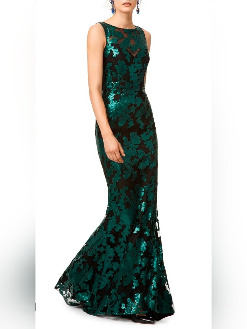 Badgley Mischka Ivy Floral Over Mesh Green And Black Gown Dress